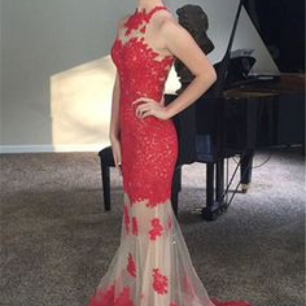 Red & beige sheer and lace formal mermaid prom dress